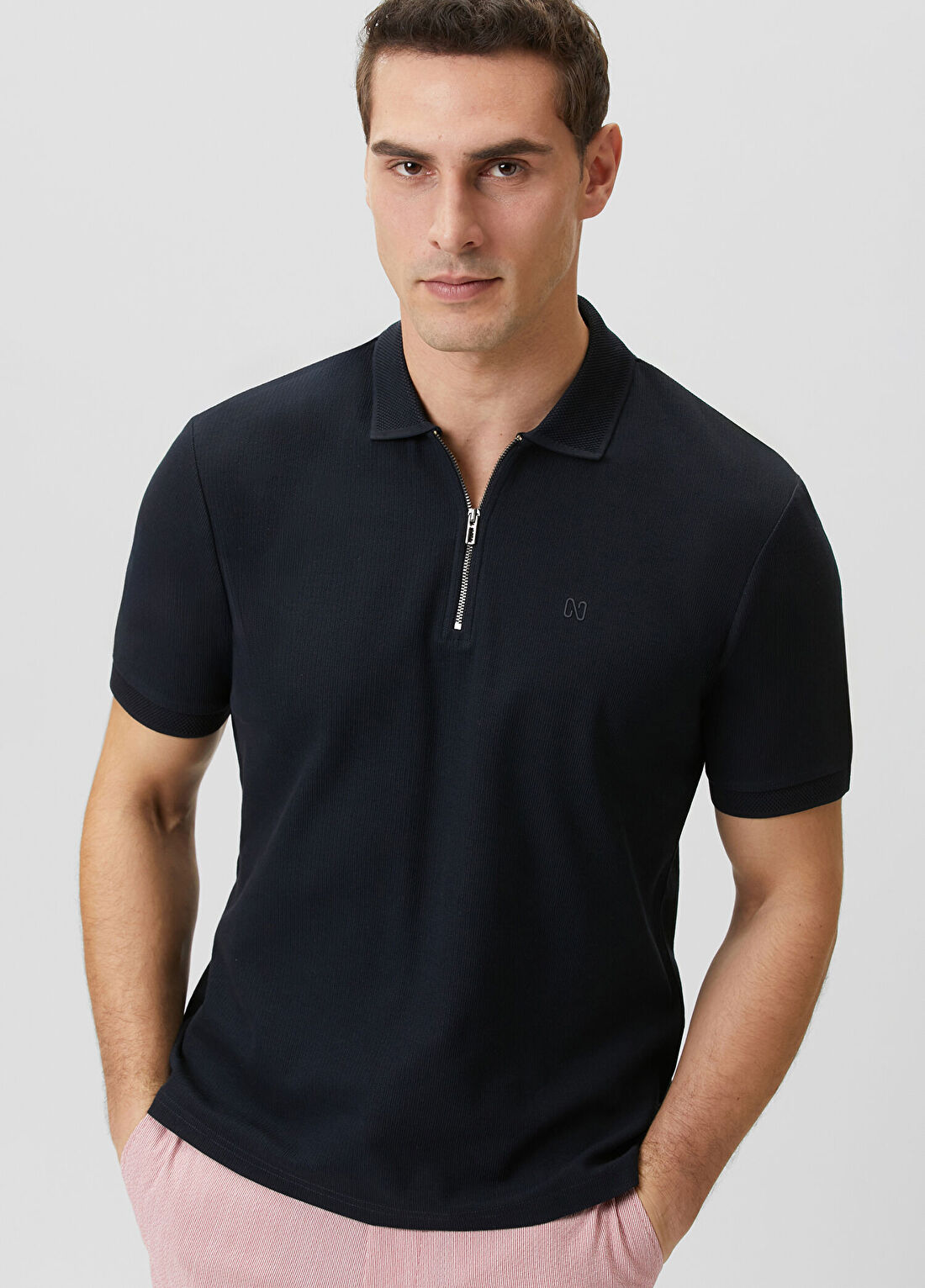 Network Lacivert Fermuarlı Polo Yaka Jakarlı T-shirt