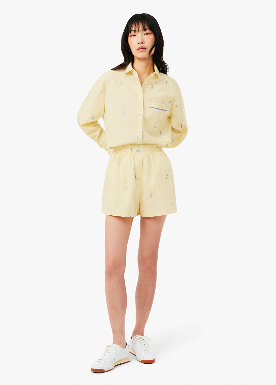 Lacoste Çizgili Sarı Oversize Fit Kadın Mini Şort