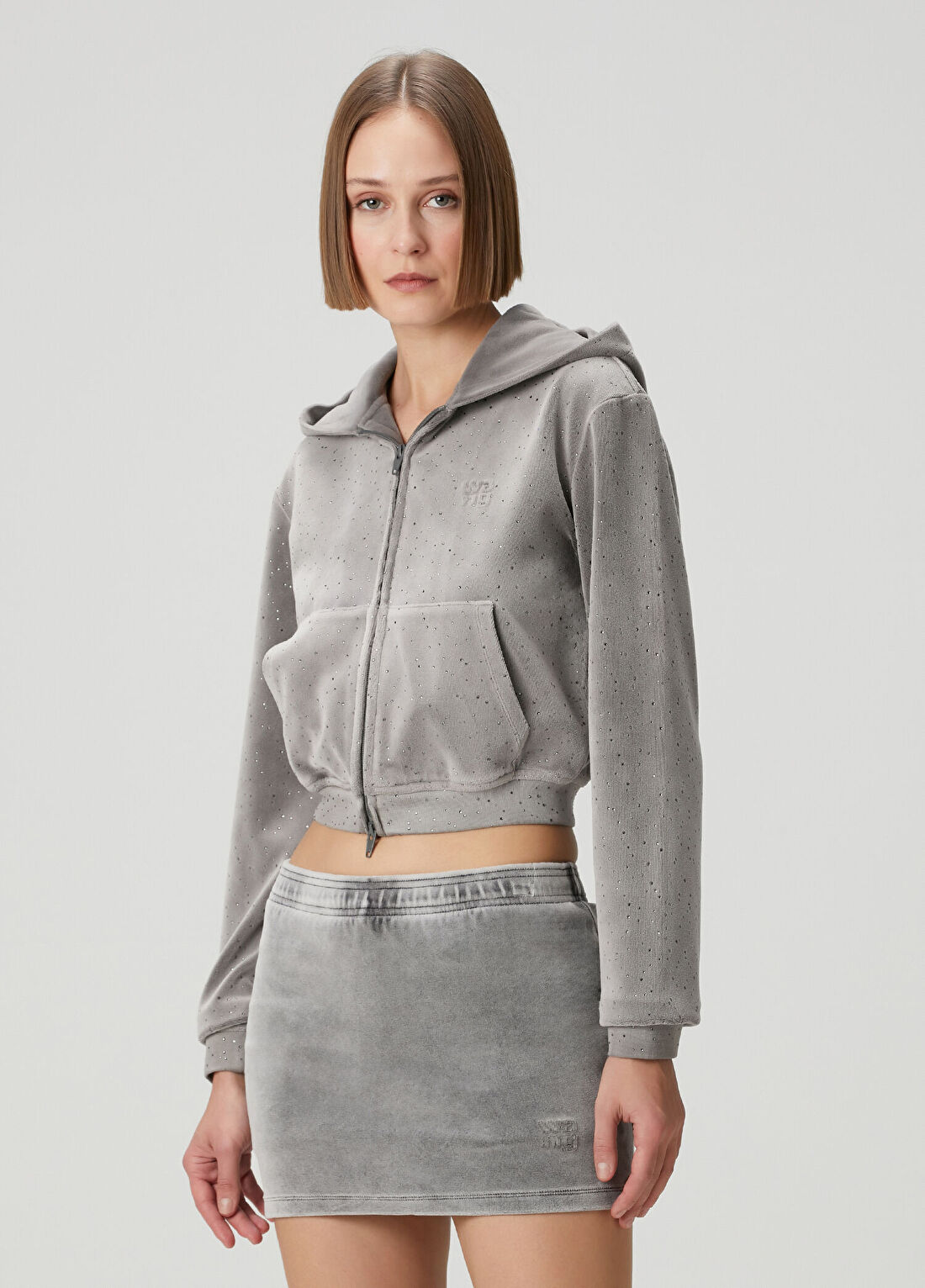 T by Alexander Wang Gri Kapüşonlu Fermuarlı Sweatshirt görsel 3