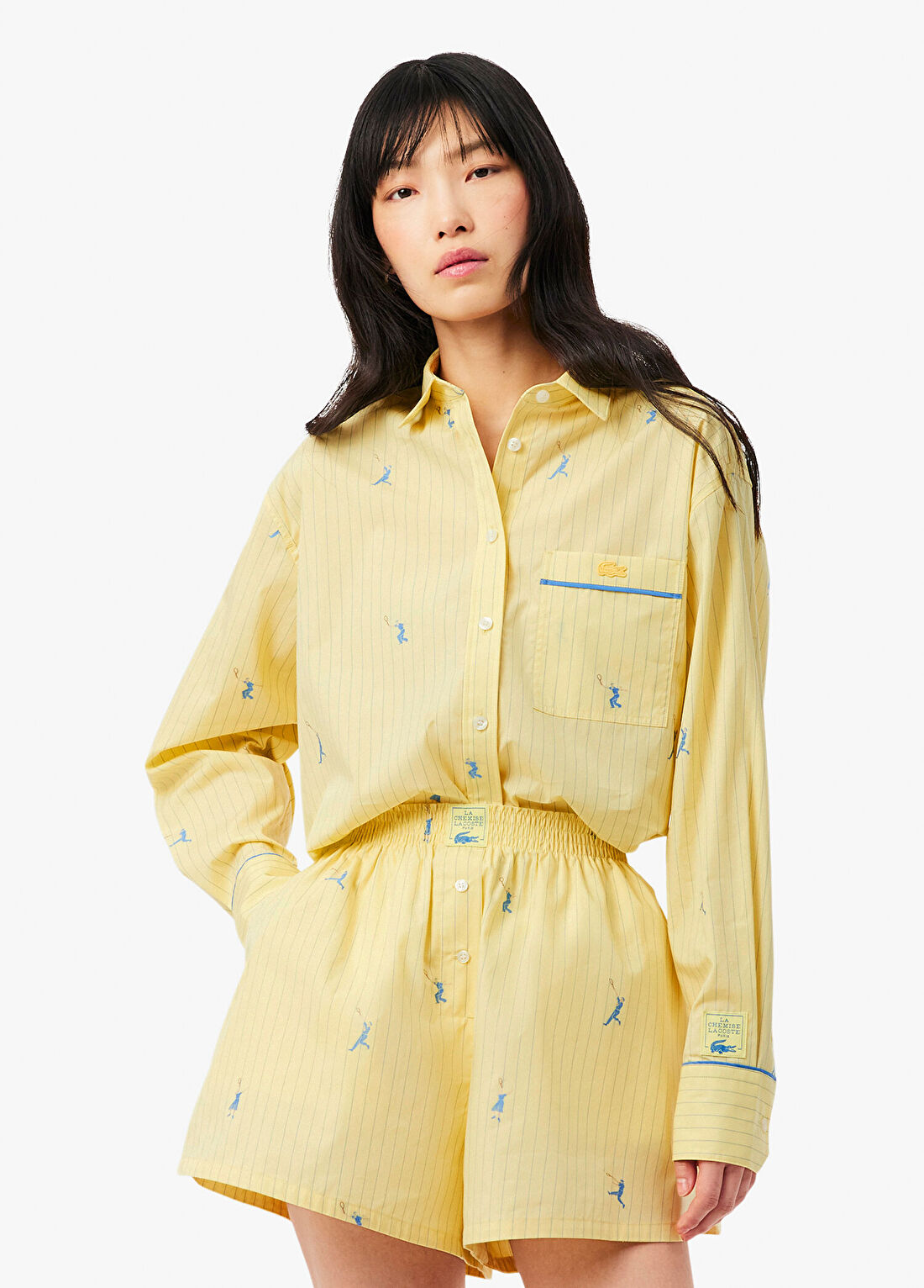 Lacoste Sarı Çizgili Oversize Fit Uzun Kollu Kadın Gömlek