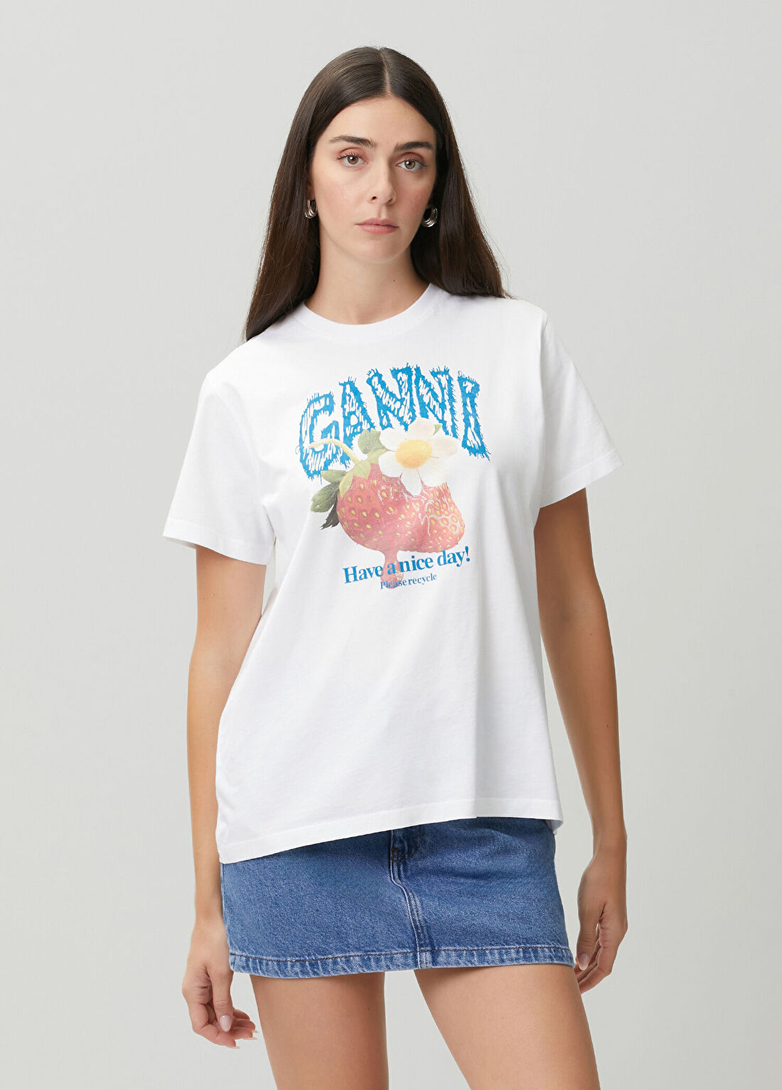 Ganni Regular Fit Beyaz Baskılı T-shirt