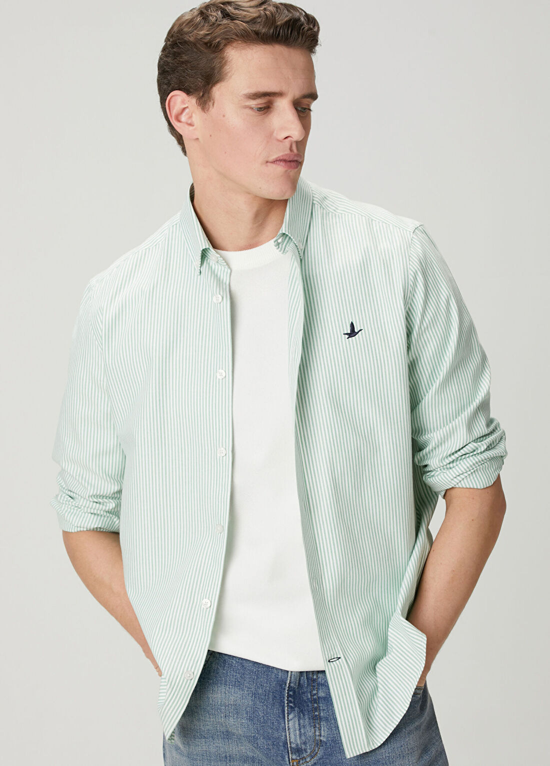 Beymen Club Beyaz Yeşil Comfort Fit Çizgili Oxford Gömlek