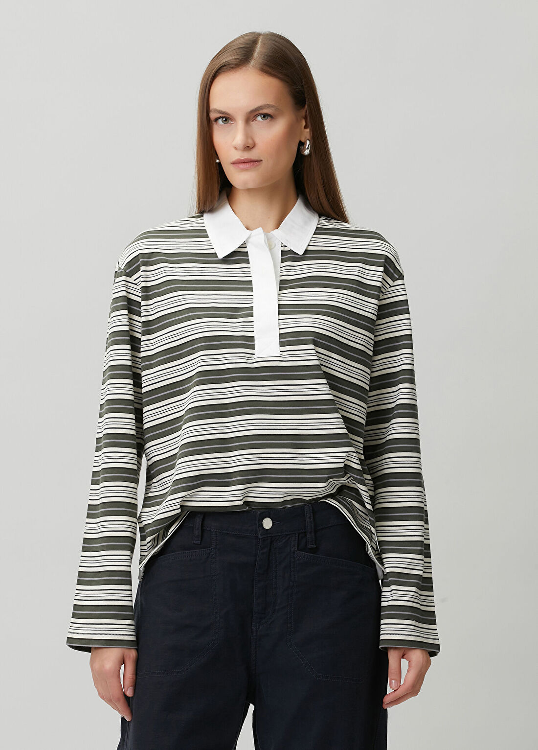 Rag&Bone Kelly Gri Çizgili Uzun Kol Polo T-shirt