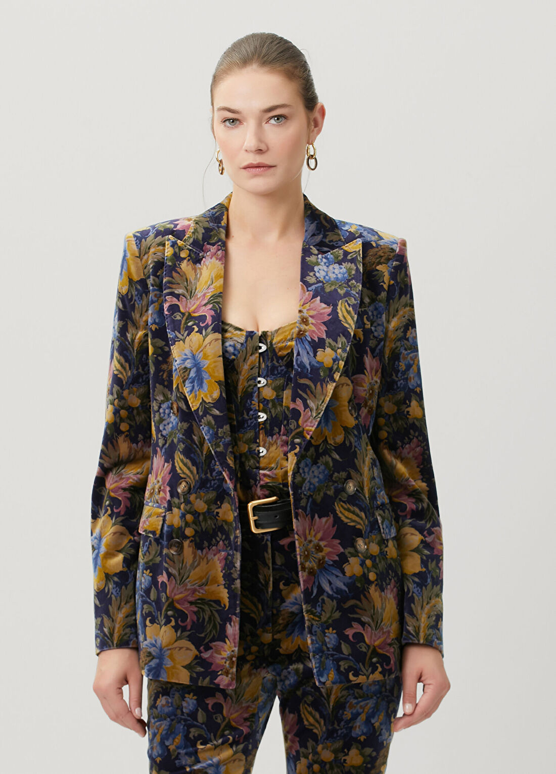 Etro Lacivert Çiçekli Kruvaze Kadife Blazer