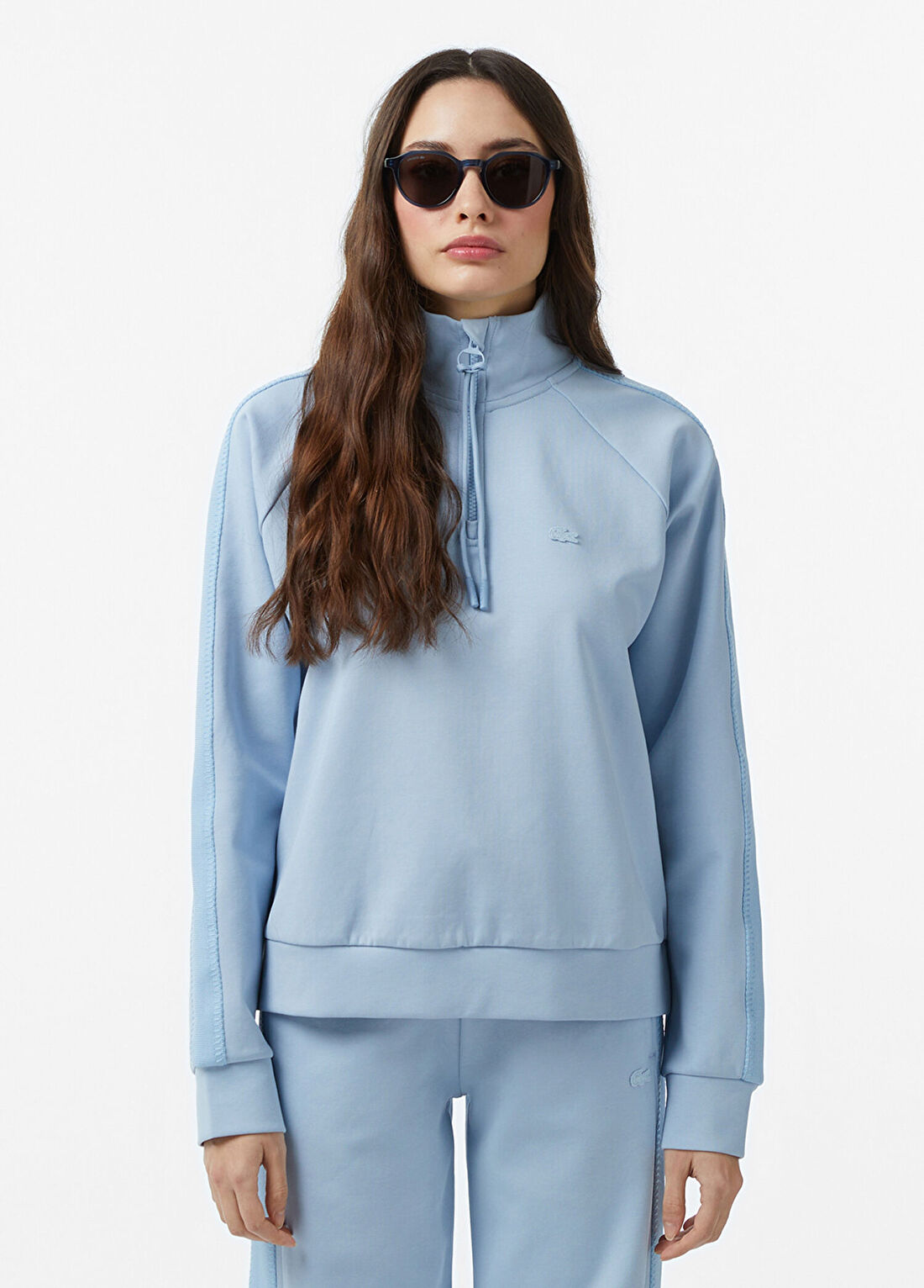 Lacoste Mavi Dik Yaka Loose Fit Yarım Fermuarlı Kadın Sweatshirt
