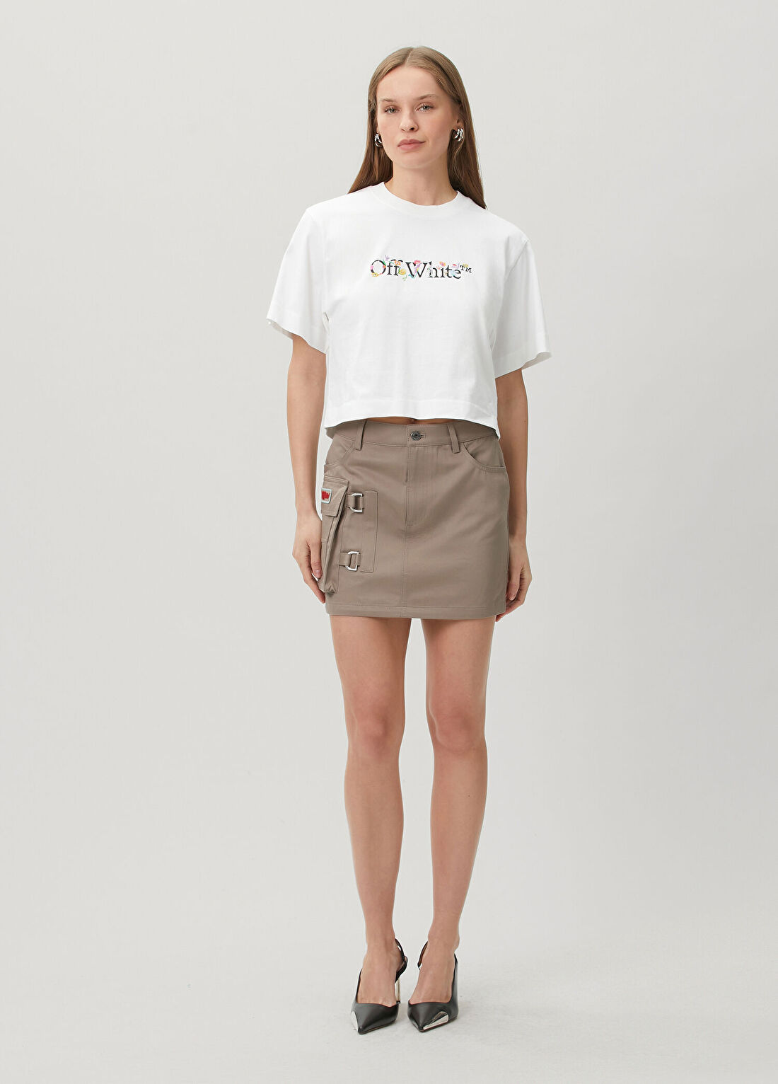 Off-White Bej Cep Detaylı Mini Etek
