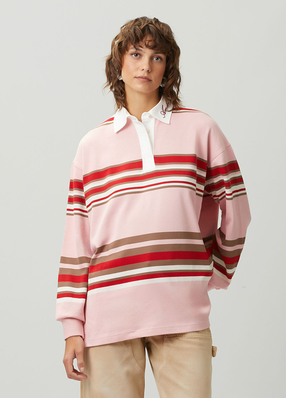 Amiri Pembe Kırmızı Çizgili Polo Sweatshirt