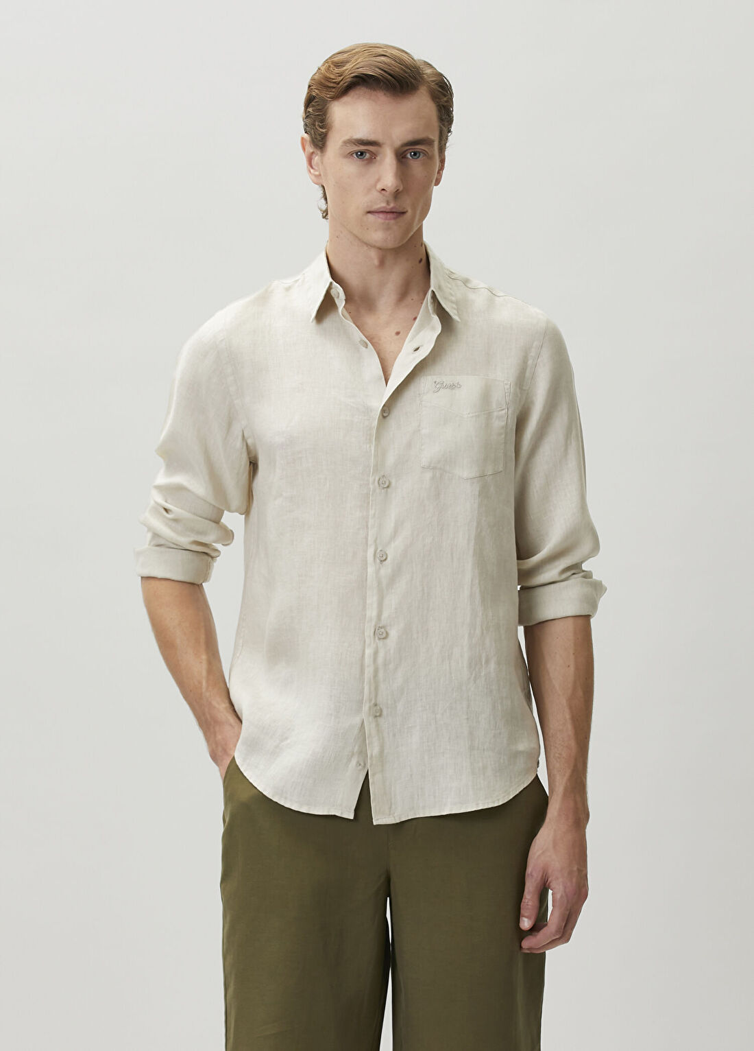 Guess Regular Fit Napa Krem Keten Gömlek