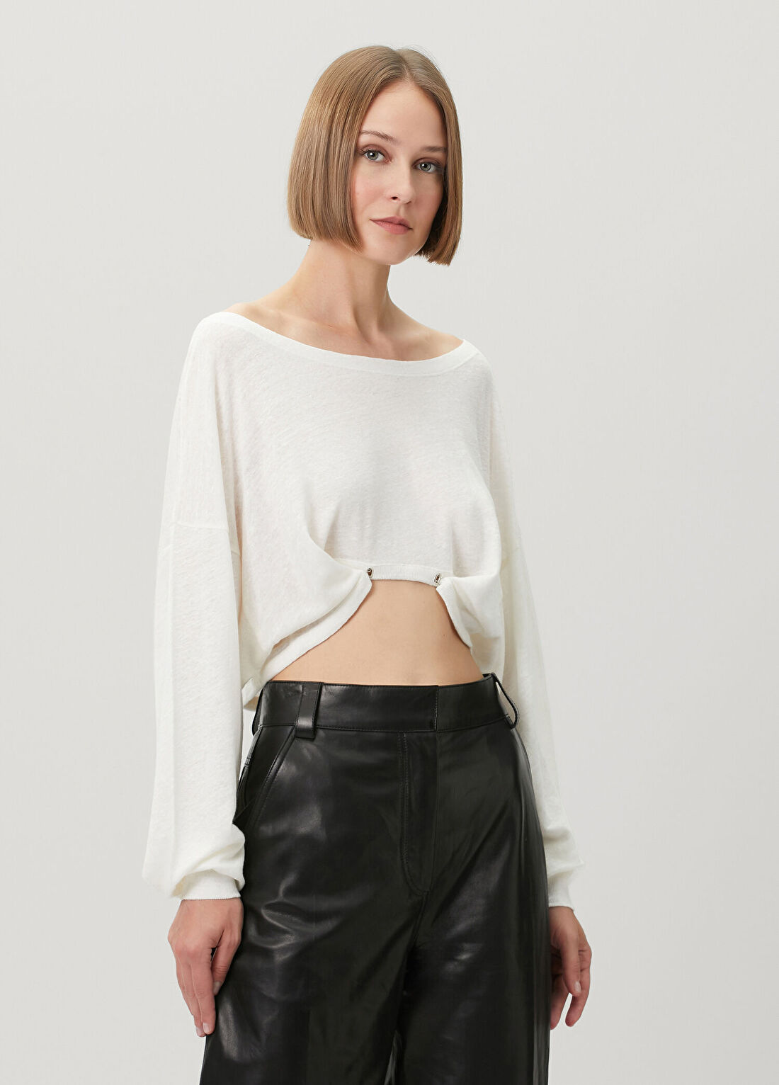 IRO Krem Uzun Kol Crop Keten T-shirt