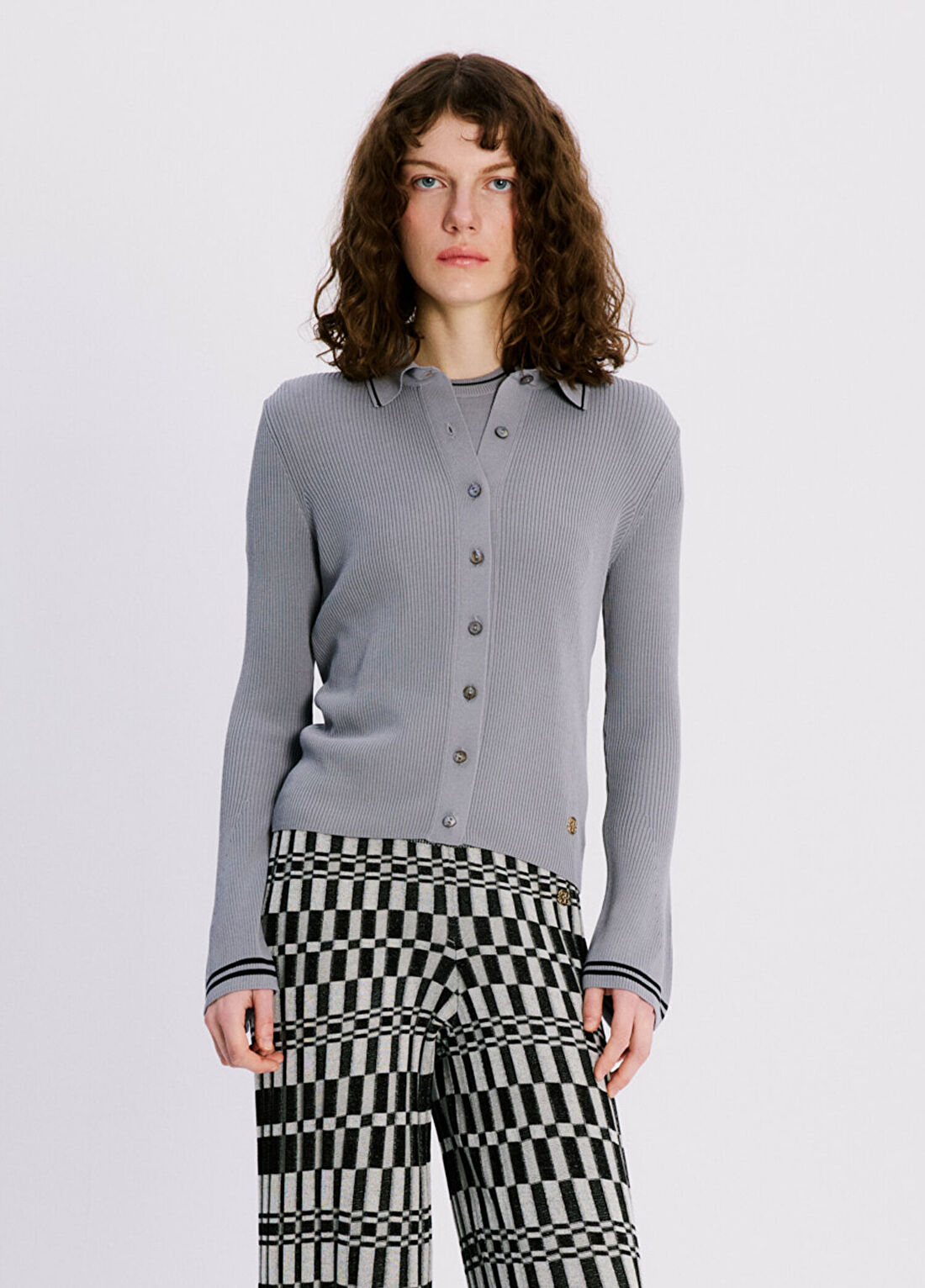 Atelier38 Paris Gri Nervürlü Polo Yaka Uzun Kollu Kadın Hırka
