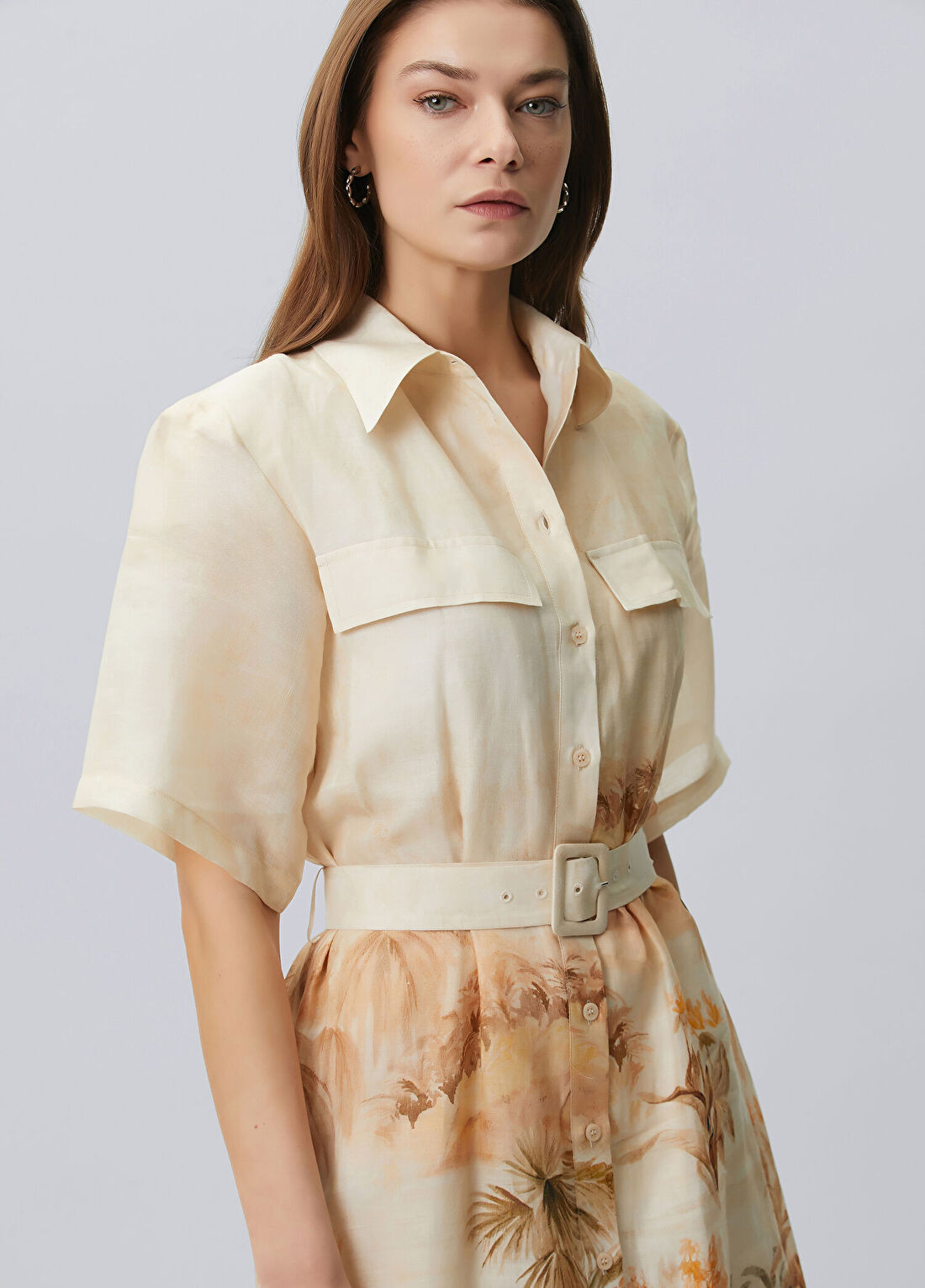 Beymen Collection Bej Palmiye Desenli Keten Gömlek görsel 2