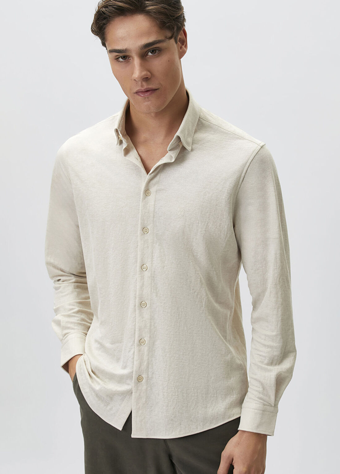Network Slim Fit Bej Uzun Kol Örme Gömlek