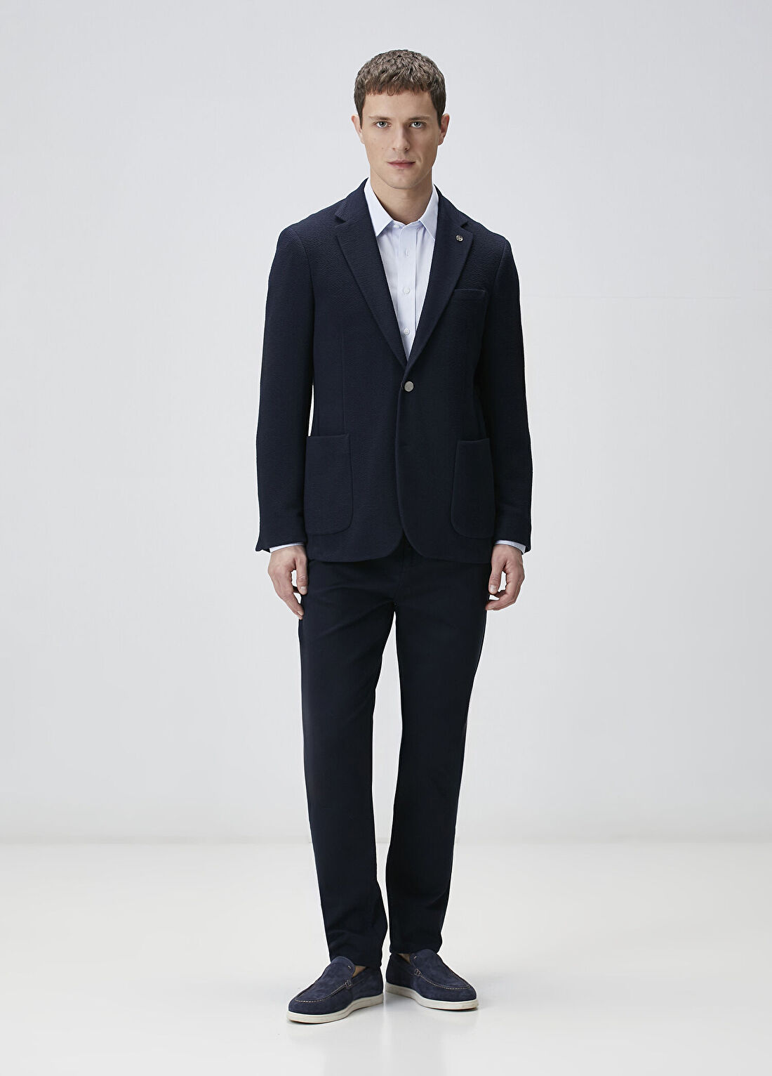 Network Lacivert Slim Fit Gofre Desen Örme Ceket görsel 2