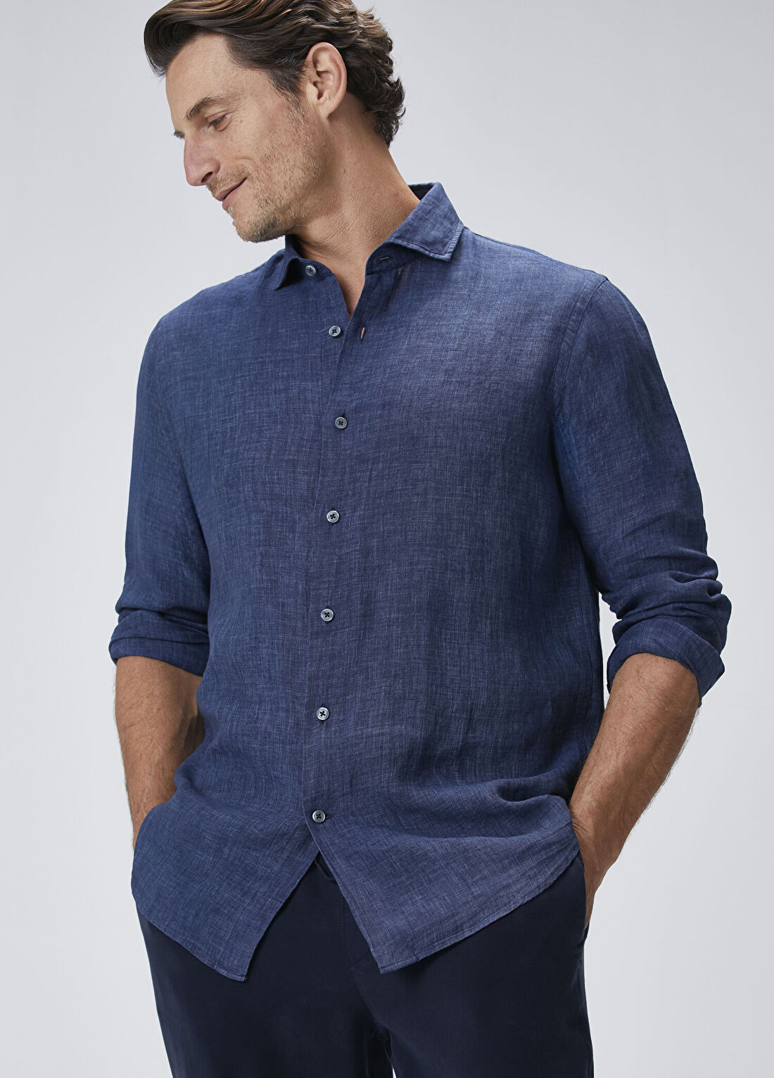 Beymen Collection Comfort Fit Lacivert Keten Gömlek