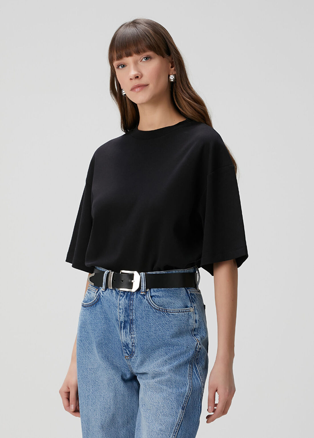AllSaints Amelie Siyah Oversized T-shirt görsel 3