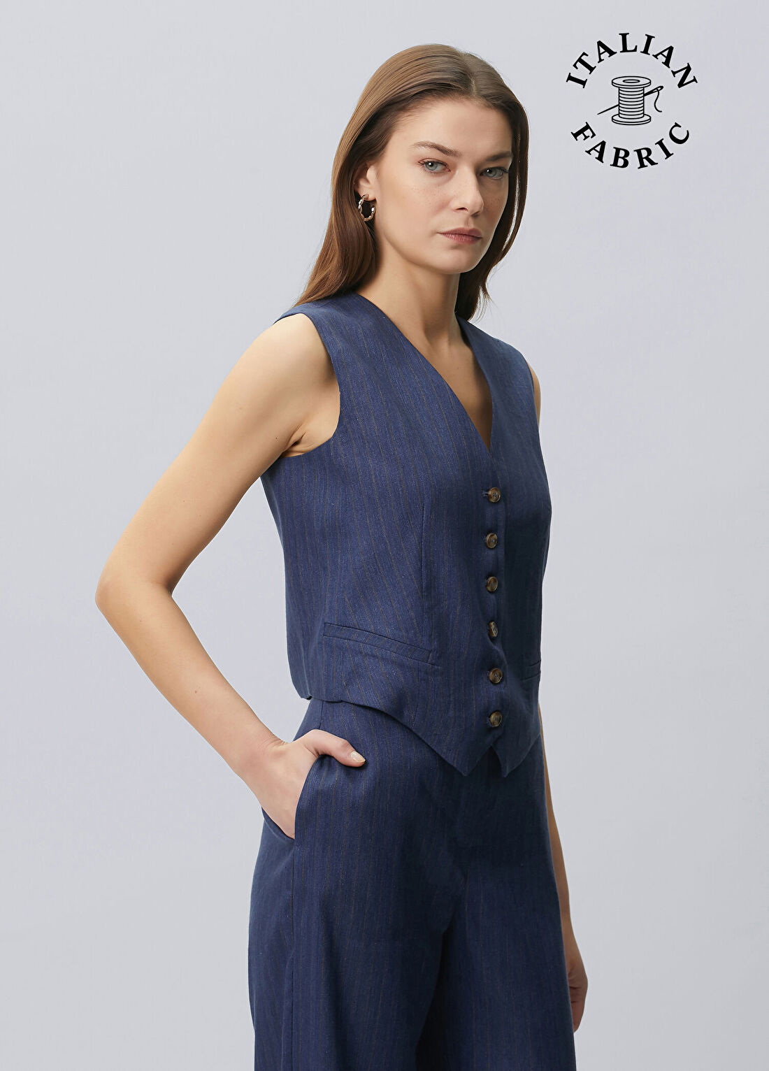 Beymen Collection Indigo Çizgili Keten Yelek