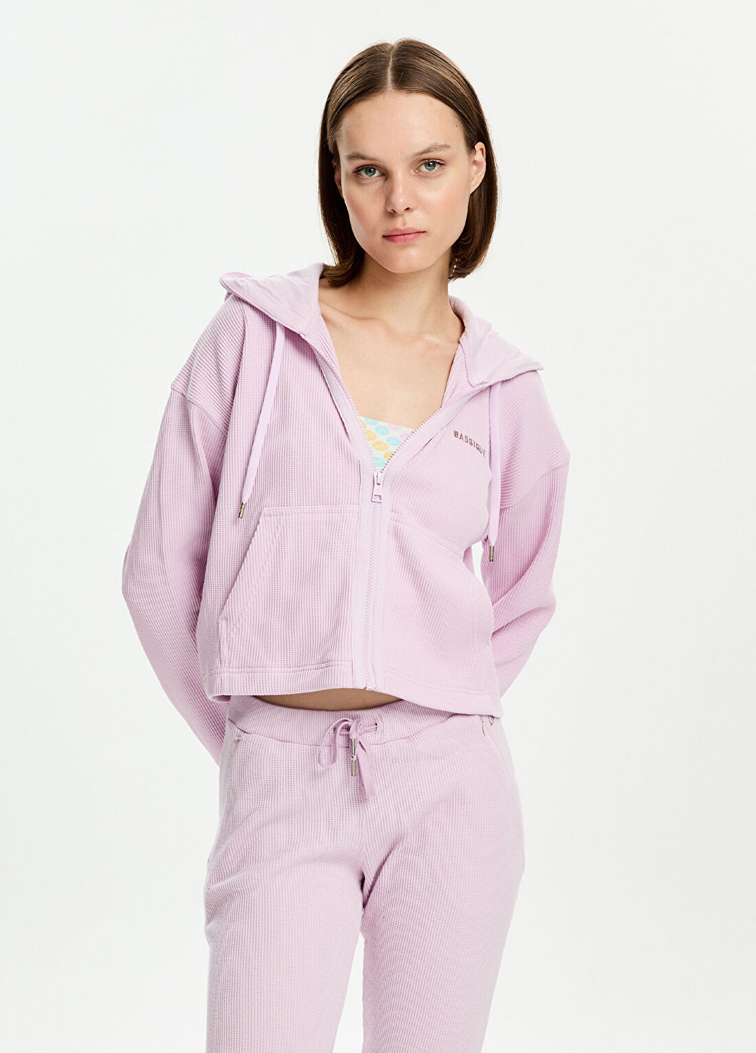 Bassigue Pembe Waffle Fermuarlı Kadın Sweatshirt