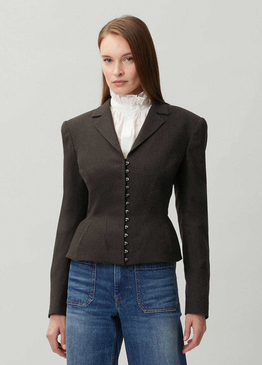Ralph Lauren Gri Desenli Peplum Yün Ceket