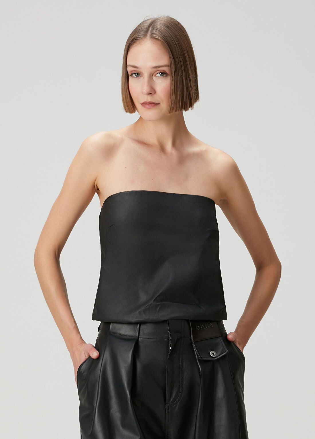 Alexander Wang Siyah Straplez Deri Bluz