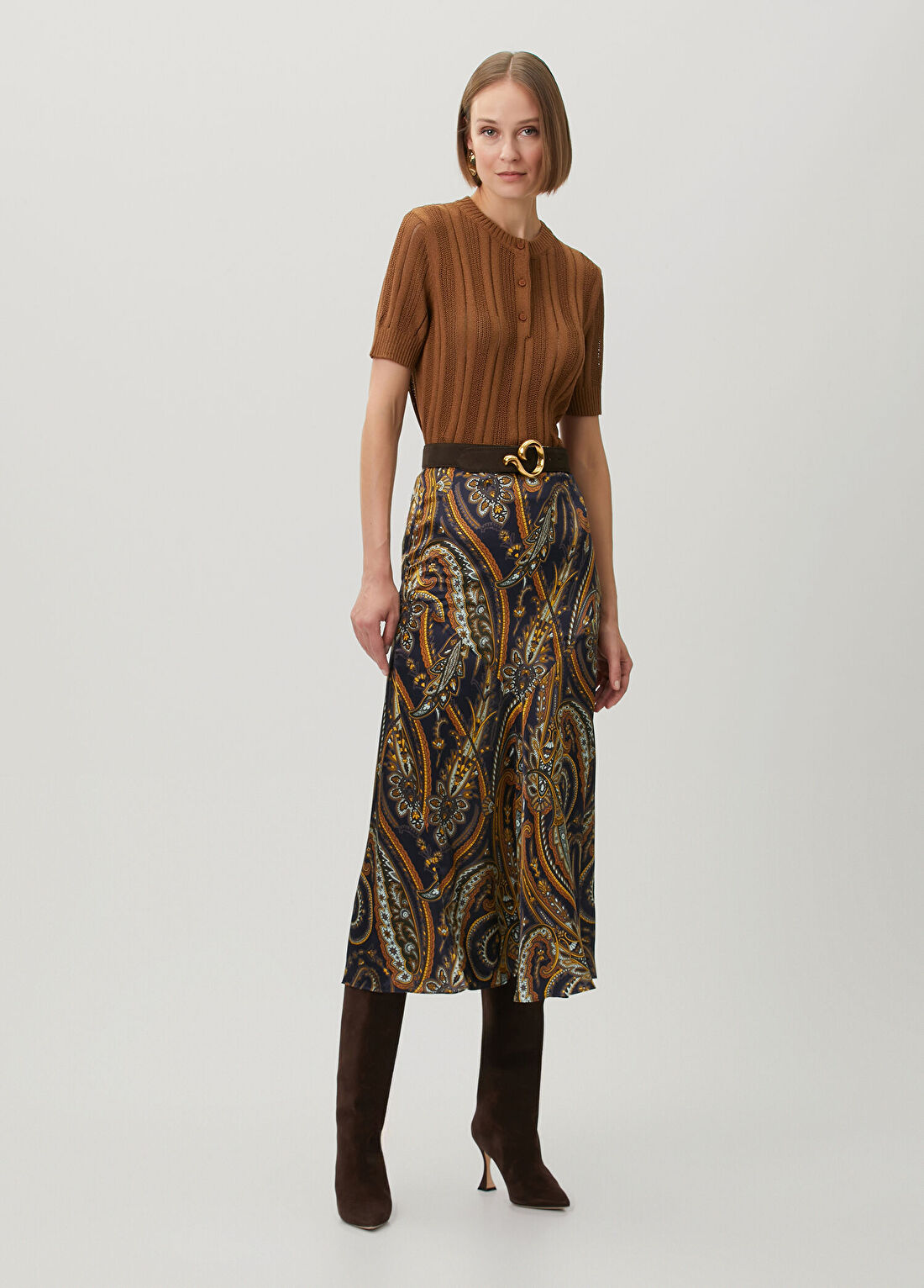 Etro Lacivert Gold Şal Desenli Midi Etek
