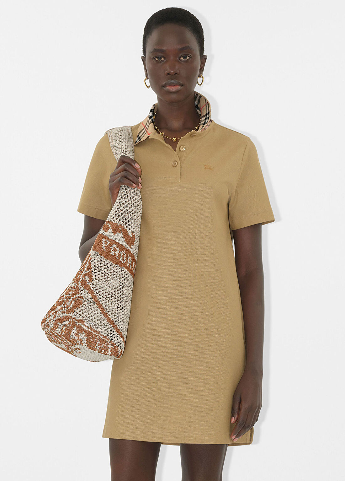 Burberry İris Check Collar Cotton Bej Kısa Kollu Kadın Elbise görsel 4