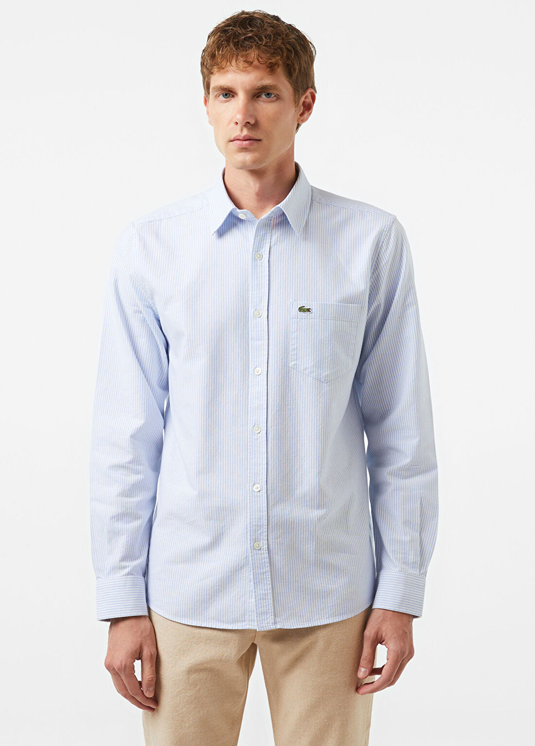 Lacoste Açık Mavi Pamuklu Çizgili Regular Fit Uzun Kollu Erkek Gömlek