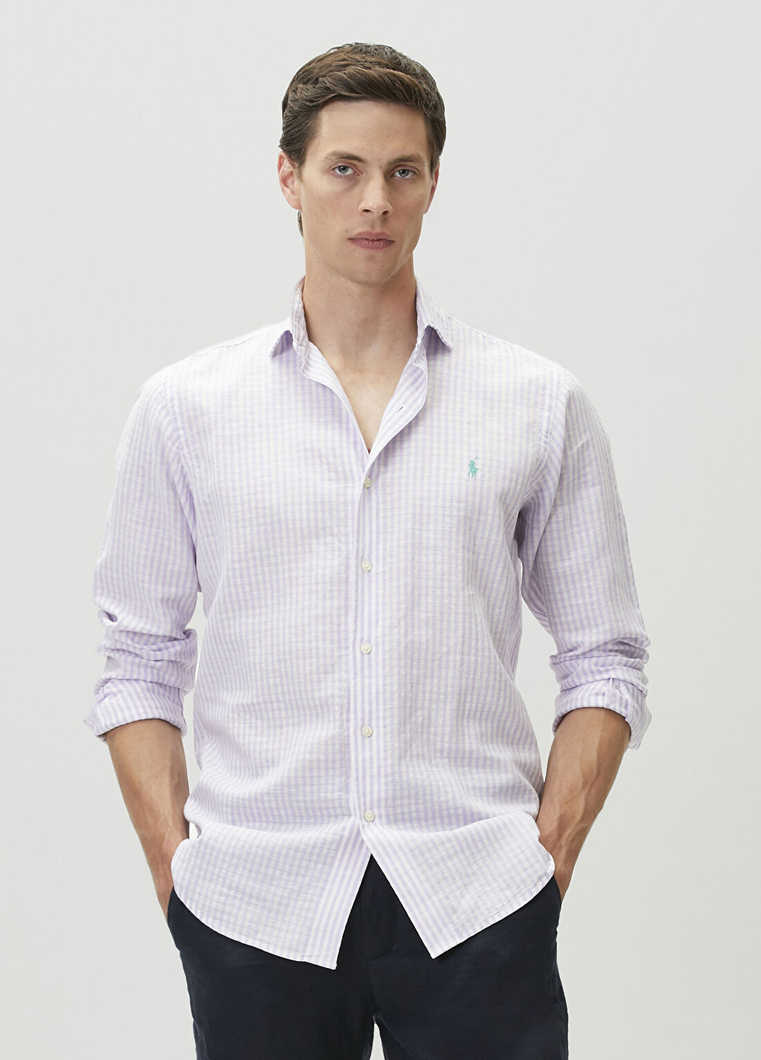 Polo Ralph Lauren Mor Çizgi Desenli Keten Gömlek