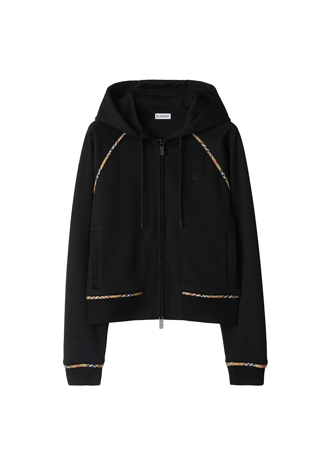 Burberry Hailey Check Trim Cotton Blend Siyah Kapüşonlu Kadın Sweatshirt