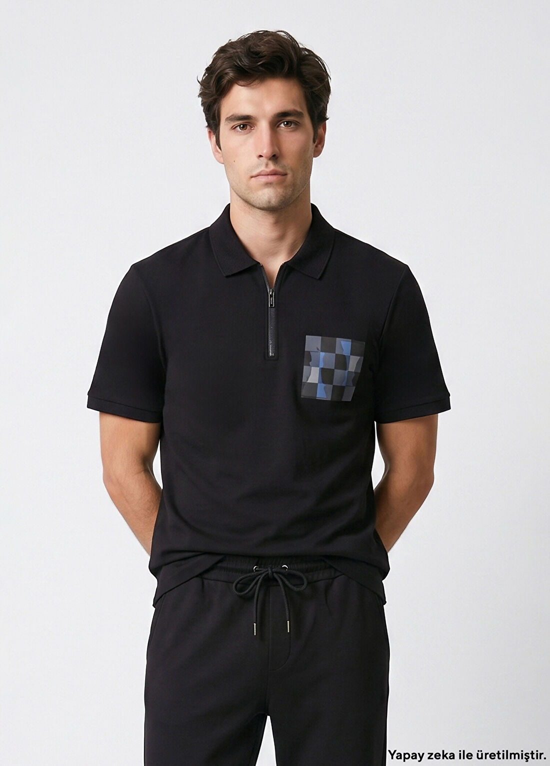 Network Siyah Satranç Baskılı T-shirt