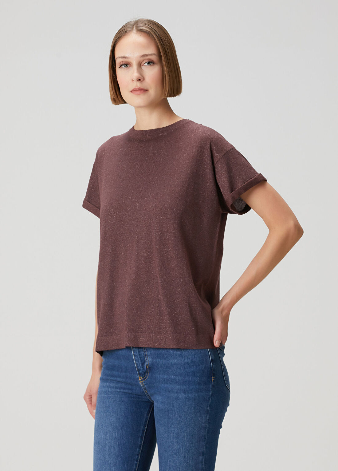 Brunello Cucinelli Mürdüm Simli Kaşmir T-shirt görsel 3