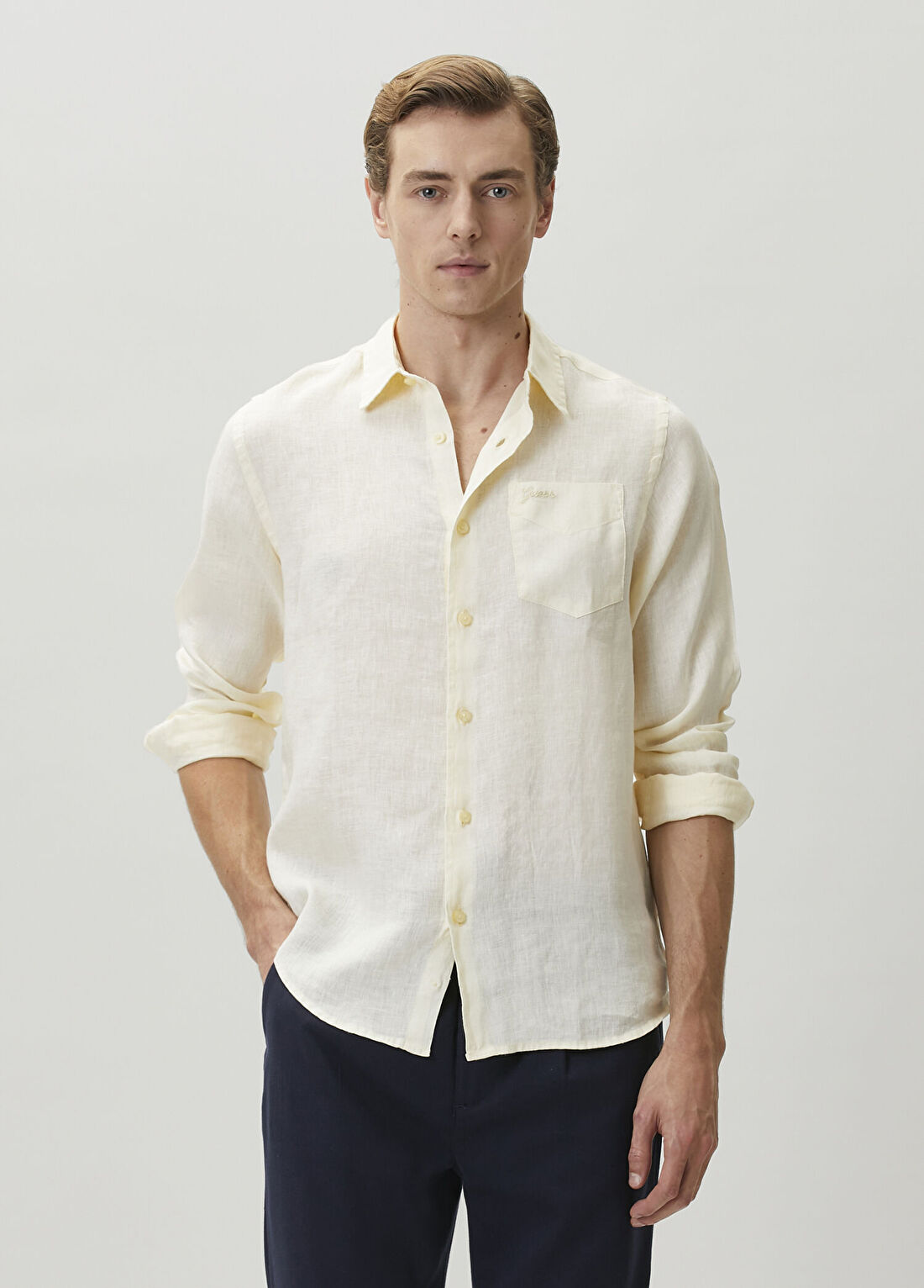 Guess Regular Fit Napa Sarı Keten Gömlek