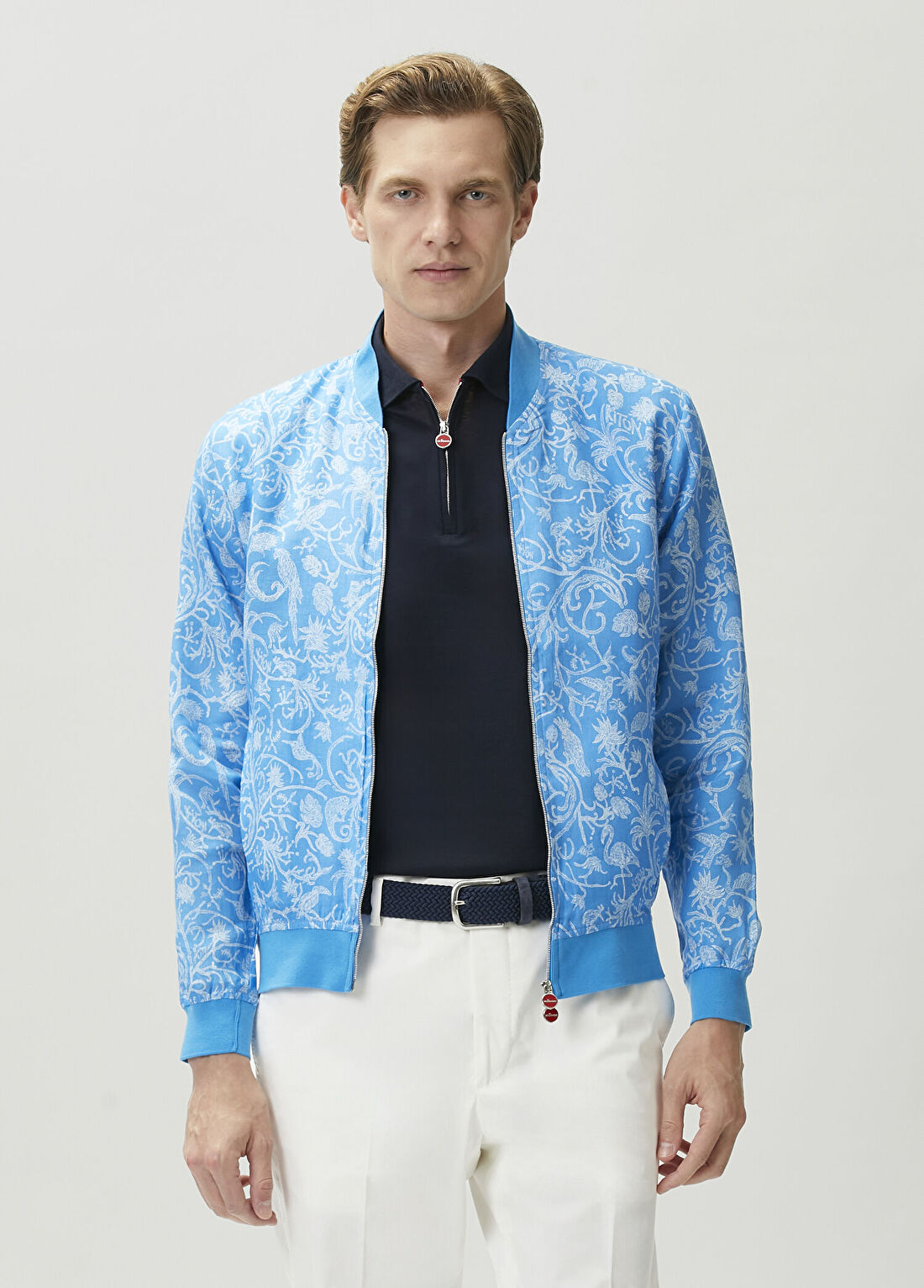 Kiton Açık Mavi Figür Desenli Keten Bomber Mont