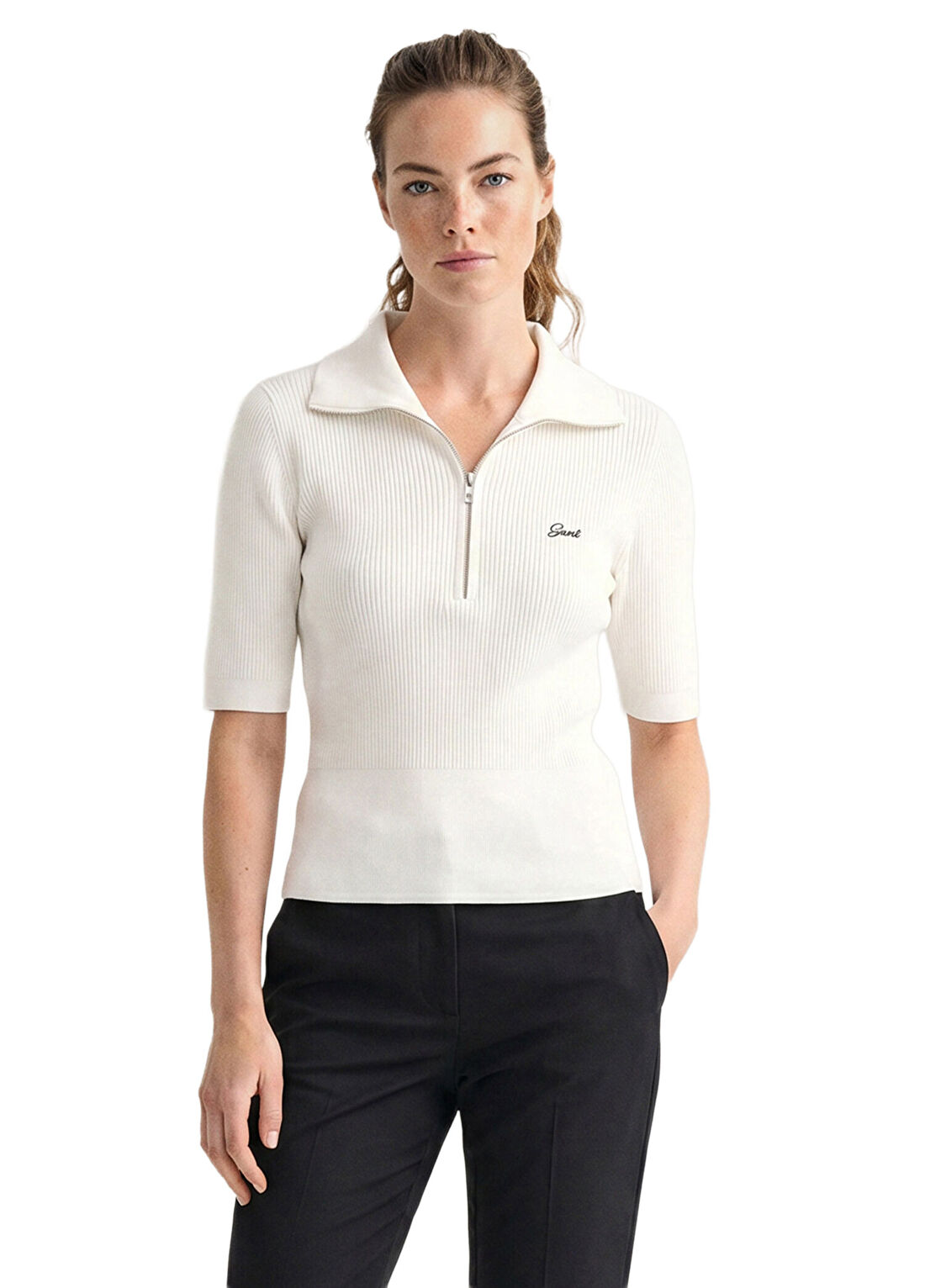 Gant Beyaz Slim Fit Yarım Fermuarlı Kısa Kollu Kadın Kazak