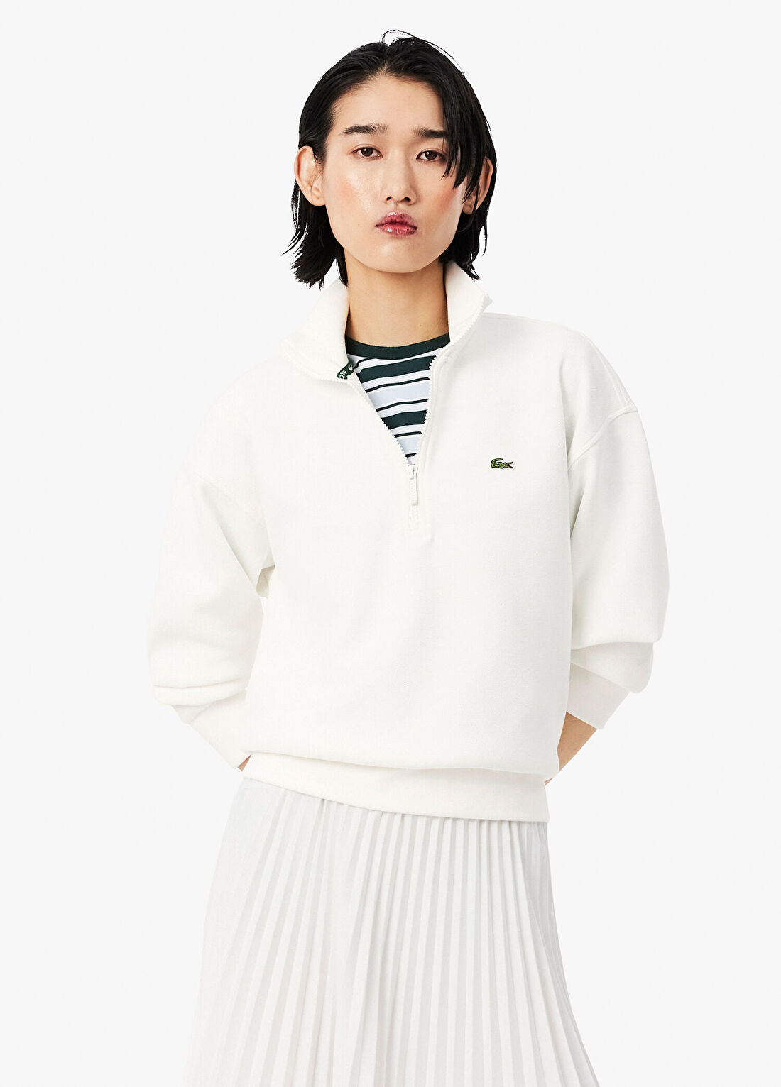 Lacoste Beyaz Relaxed Fit Yarım Fermuarlı Kadın Sweatshirt