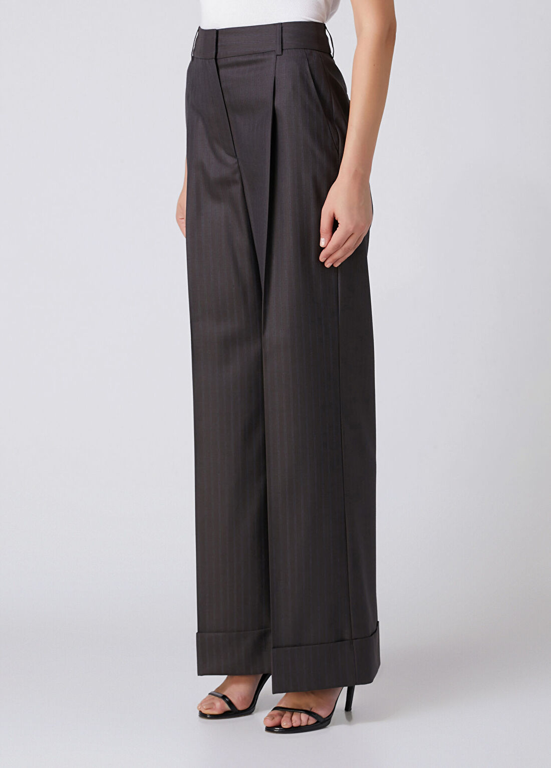 Beymen Collection Kahverengi Çizgili Wide Leg Yün Pantolon görsel 2
