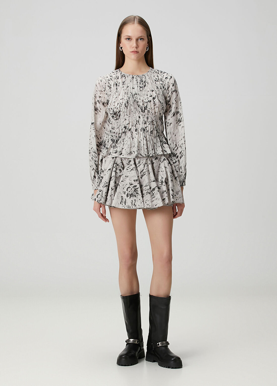 AllSaints Tulip Ekru Siyah Desenli Mini Etek