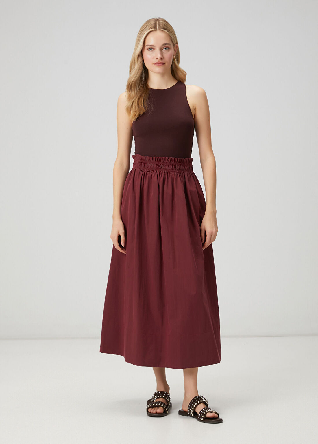 Beymen Club Bordo Beli Lastikli Midi Etek