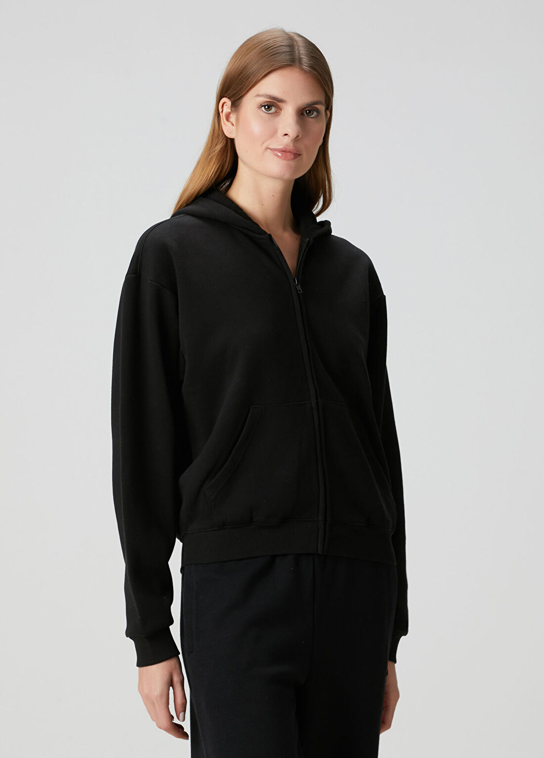 Skims Classic Siyah Kapüşonlu Fermuarlı Sweatshirt