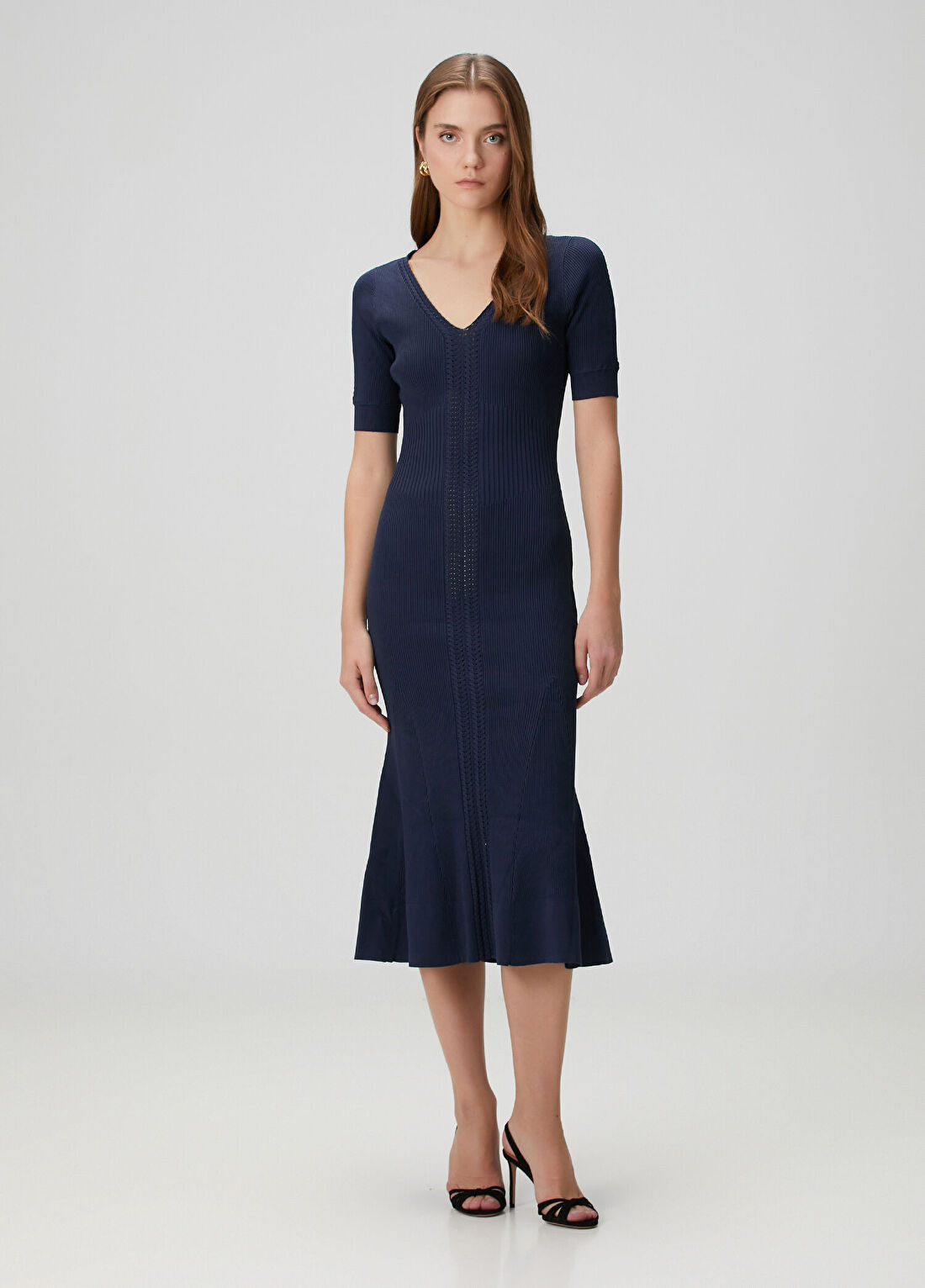 Herve Leger Aria Lacivert Midi Kokteyl Elbise