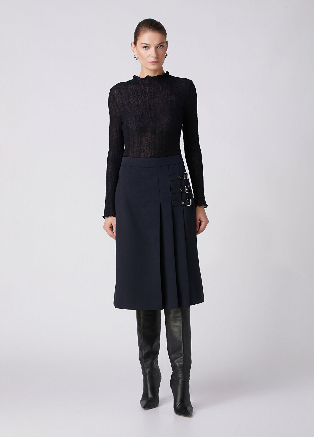 Beymen Collection Lacivert Toka Detaylı Midi Etek