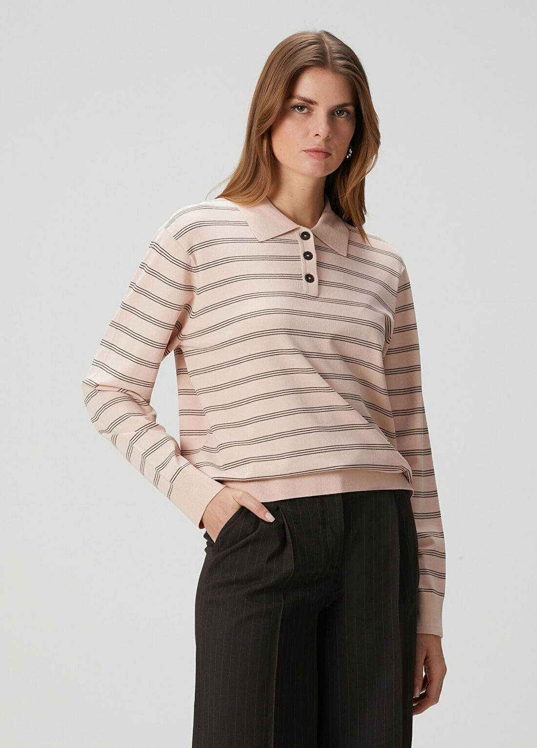 The Garment Madison Pudra Çizgili Uzun Kol Polo T-shirt