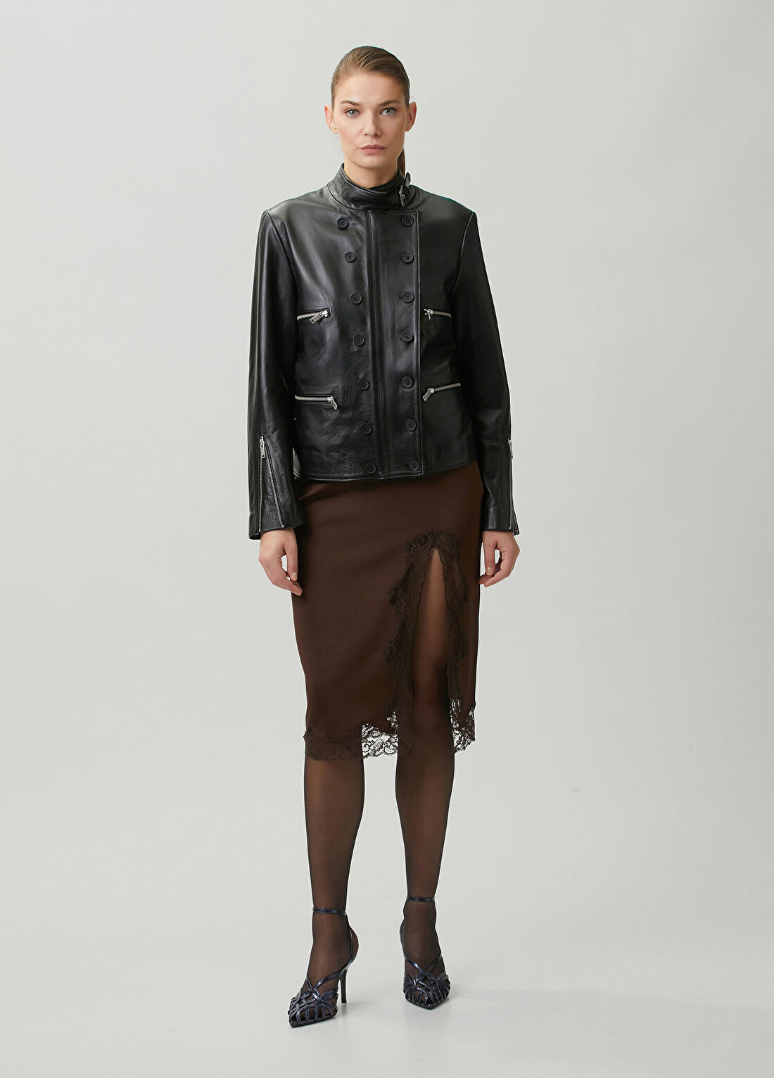 Balmain Kahverengi Dantelli Midi Etek