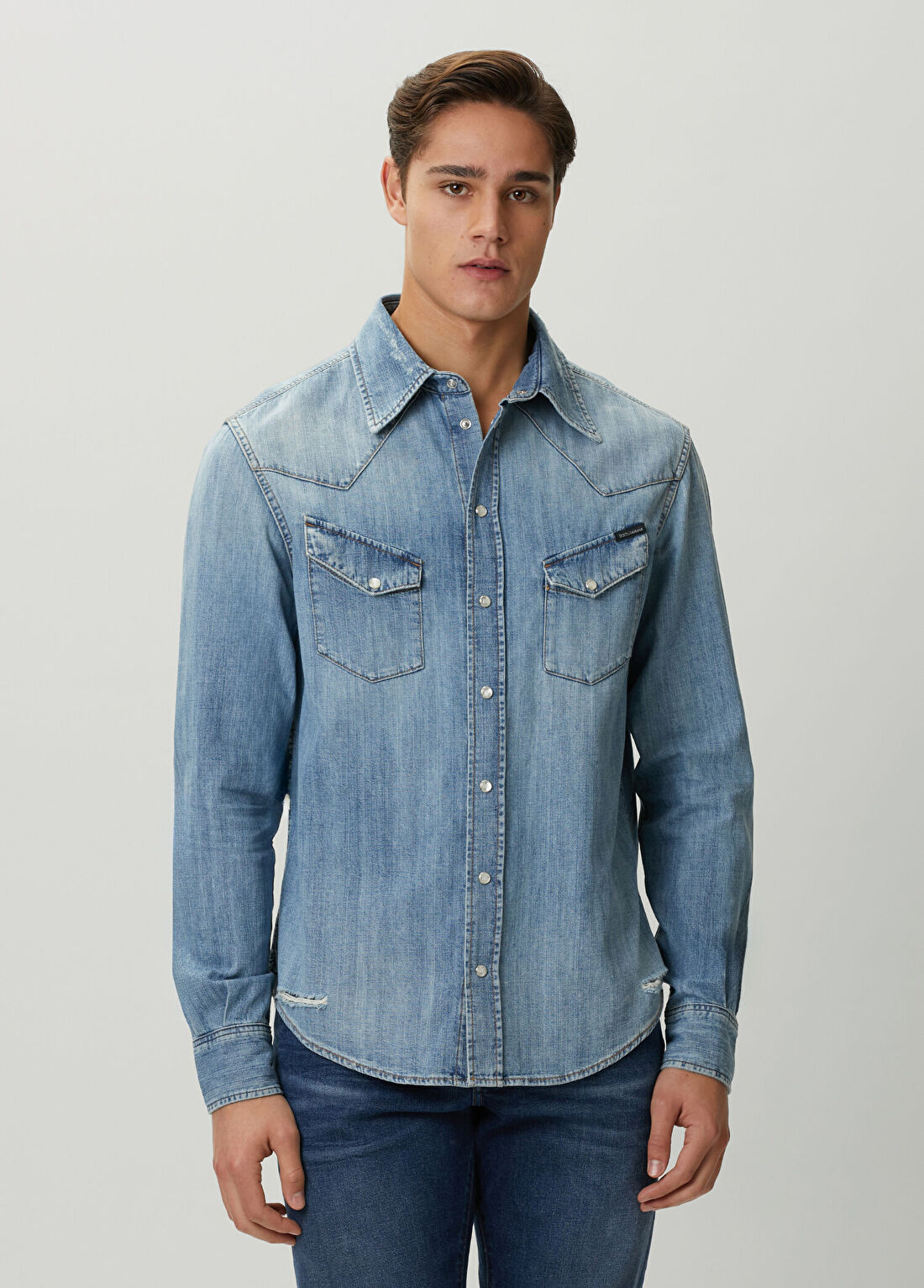 Dolce&Gabbana Mavi Yıpratma Detayı Denim Gömlek