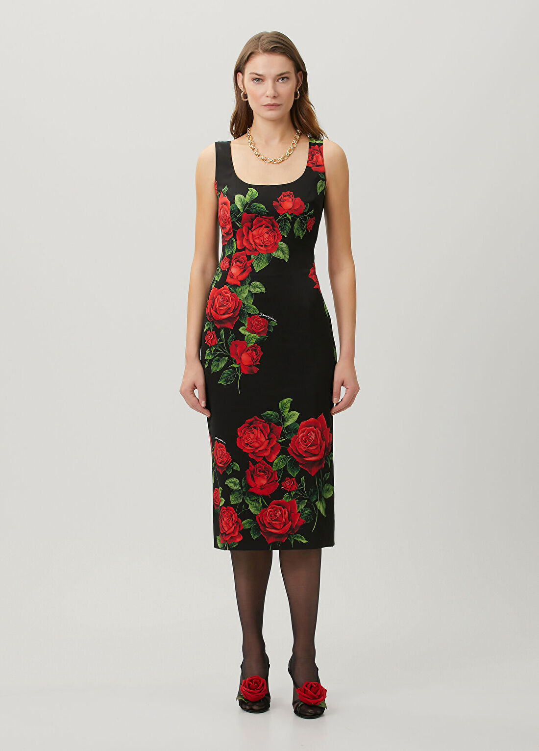 Dolce&Gabbana Kırmızı Siyah Çiçekli Midi İpek Elbise