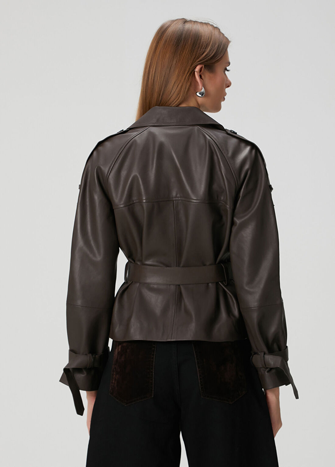 AllSaints Reed Cropped Koyu Kahverengi Deri Ceket görsel 4