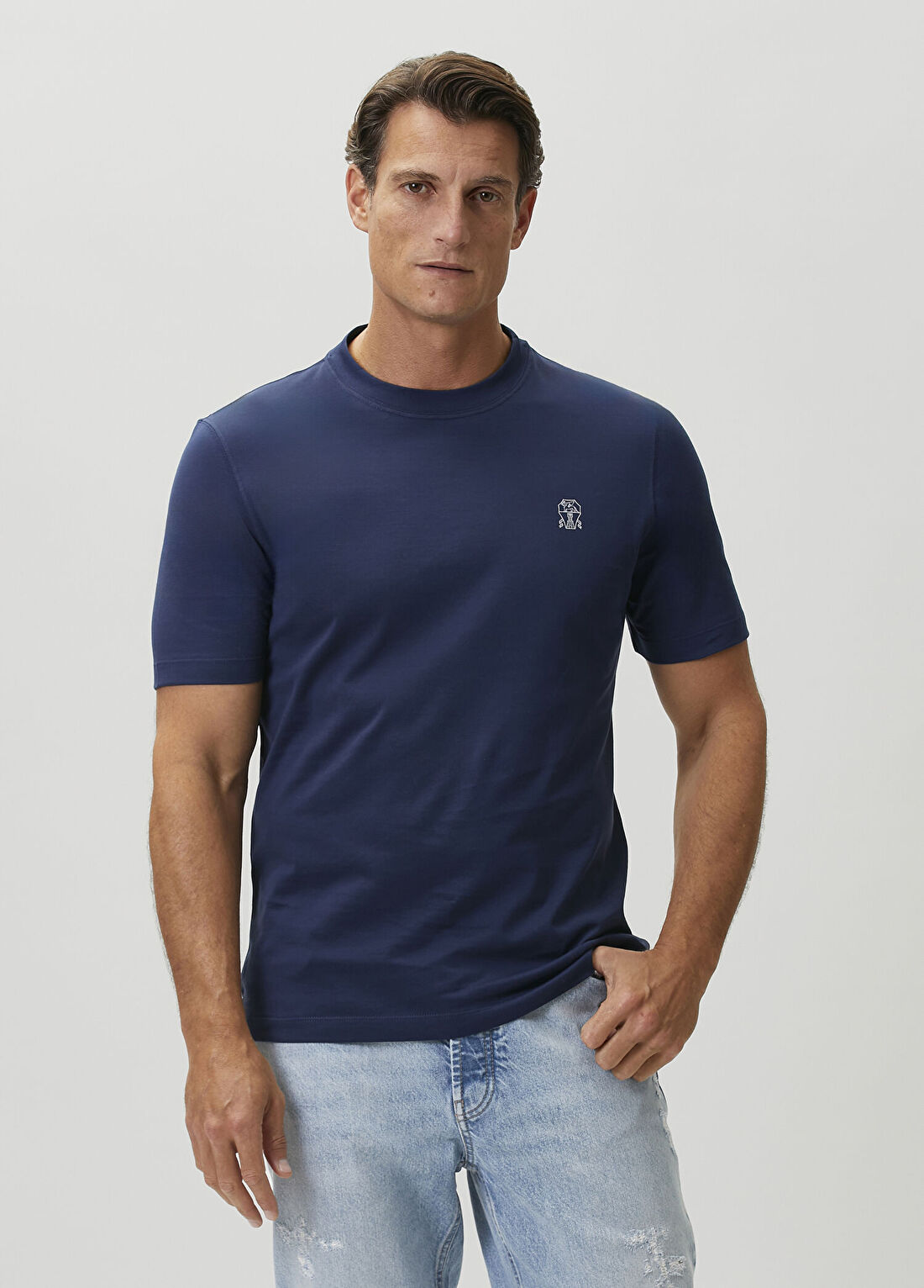 Brunello Cucinelli Koyu Mavi Logolu T-shirt