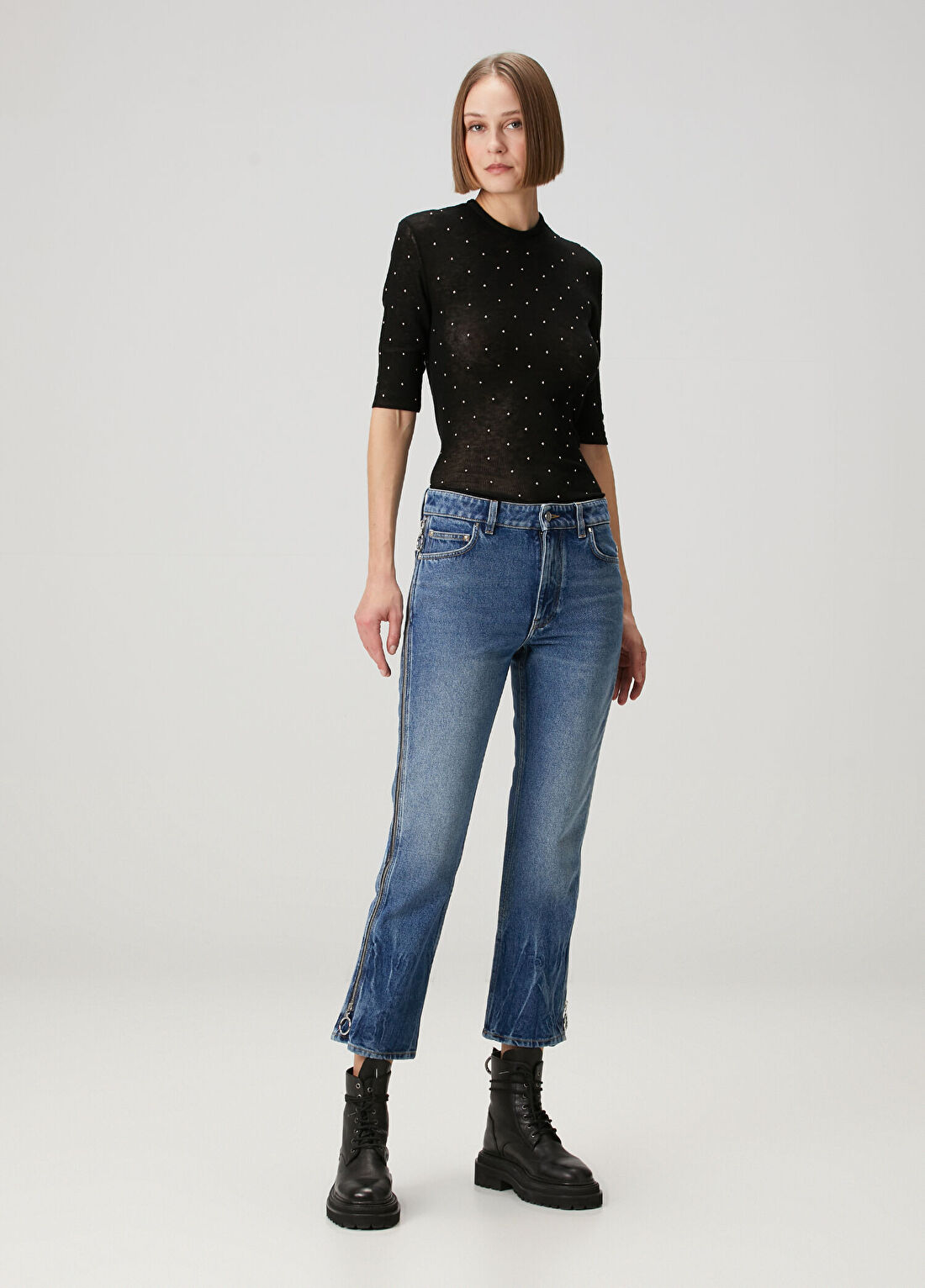 Rabanne Mavi Fermuar Detaylı Crop Jean Pantolon