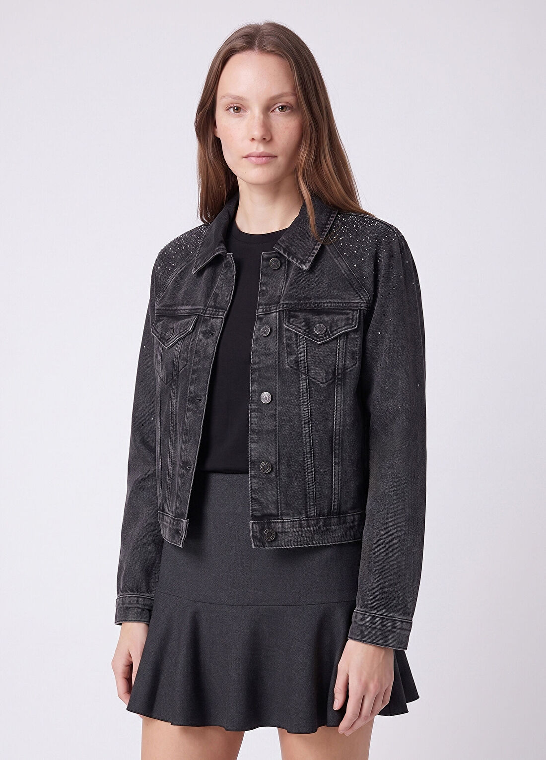Beymen Club Antrasit Serpme Taşlı Kısa Trucker Denim Ceket görsel 3