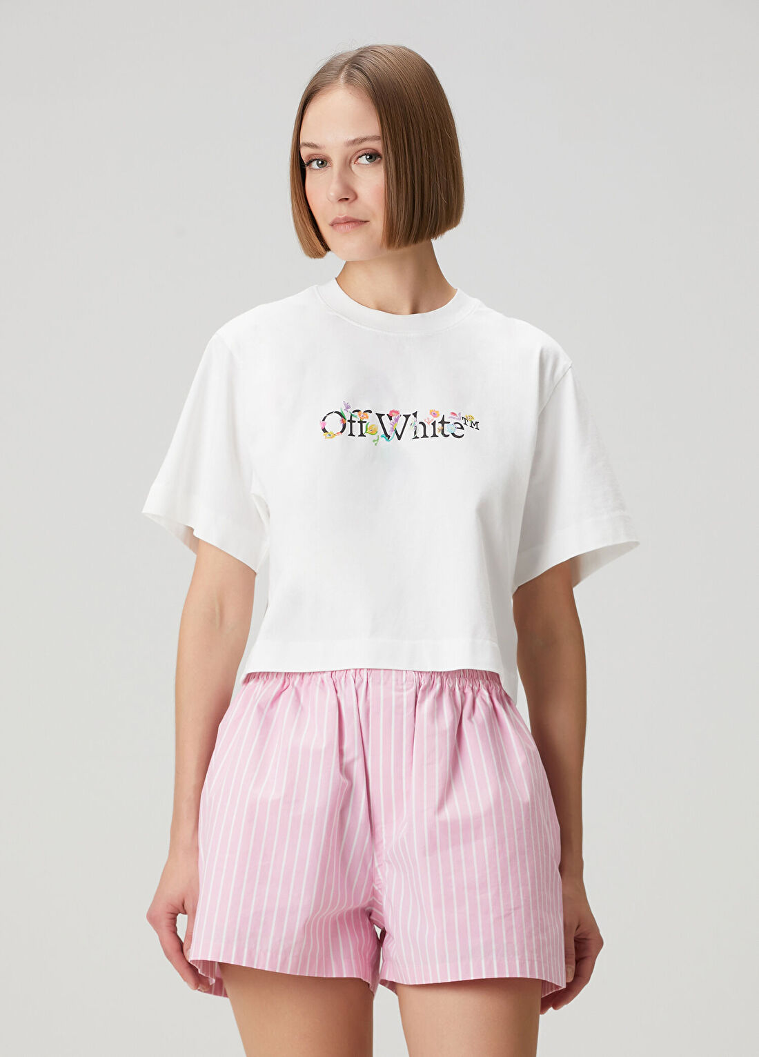 Off-White Bookish Glowing Flower Beyaz Crop T-shirt