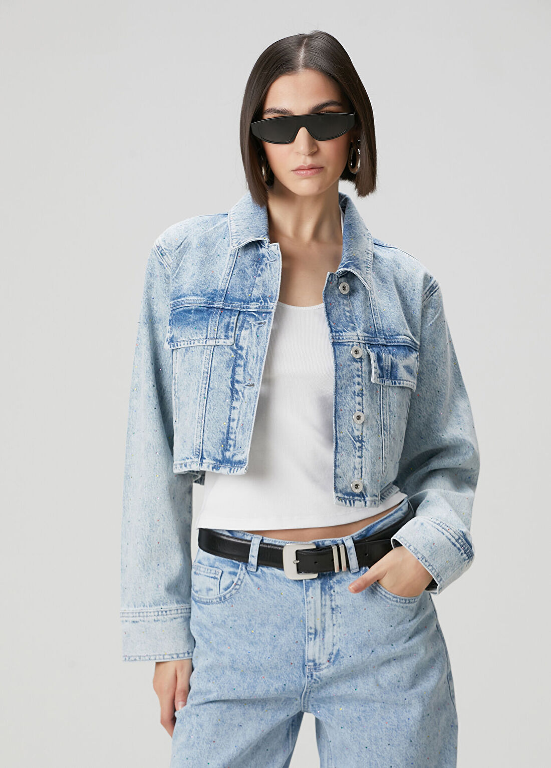 Academia Mavi Taşlı Kısa Denim Mont